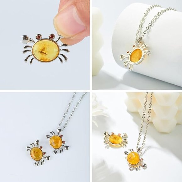 S925 Sterling Silver Baltic Amber Crab Pendant Necklace NWT - Picture 1 of 6